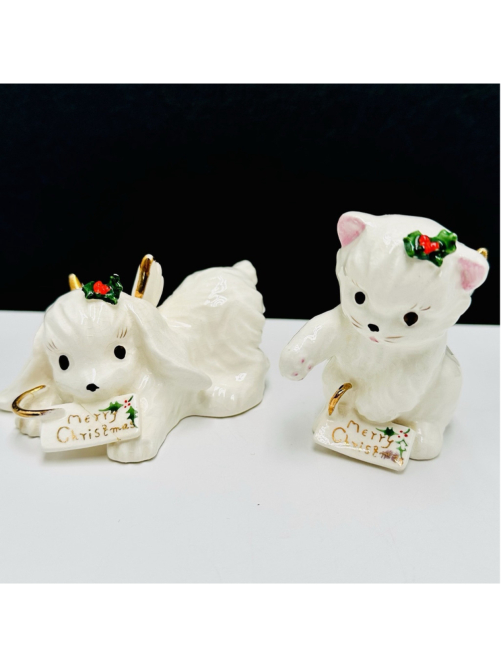 Vintage Merry Christmas Napco Kitty Cat Dog Angel Figurine 1950s Japan SEE READ